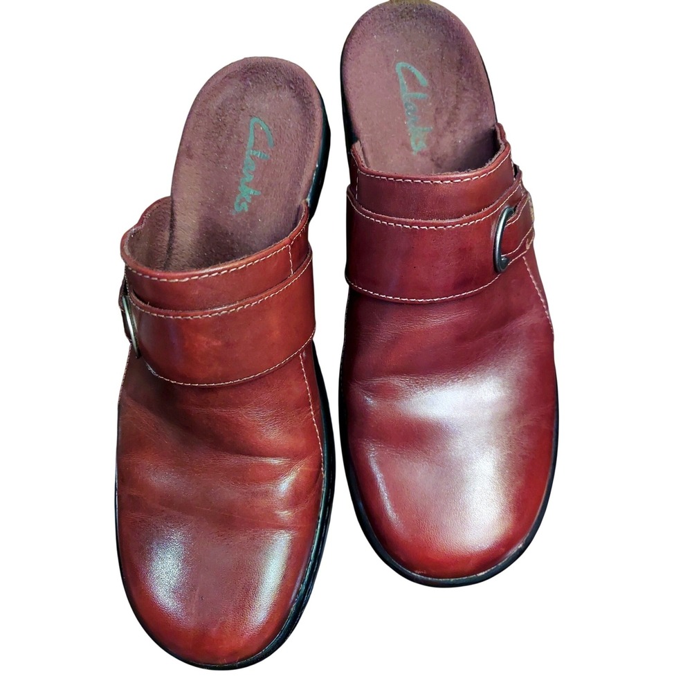 Clarks Brown Leather Casual Mules Clogs Cottagecore Buckle Slip On Womens 9M